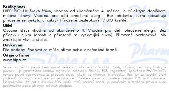 Příbalový leták - HiPP ŠŤÁVA BIO Hrušková šťáva 200ml