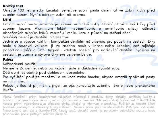 Příbalový leták - Lacalut Sensitive zubní pasta 75ml+dent.nit zdarma
