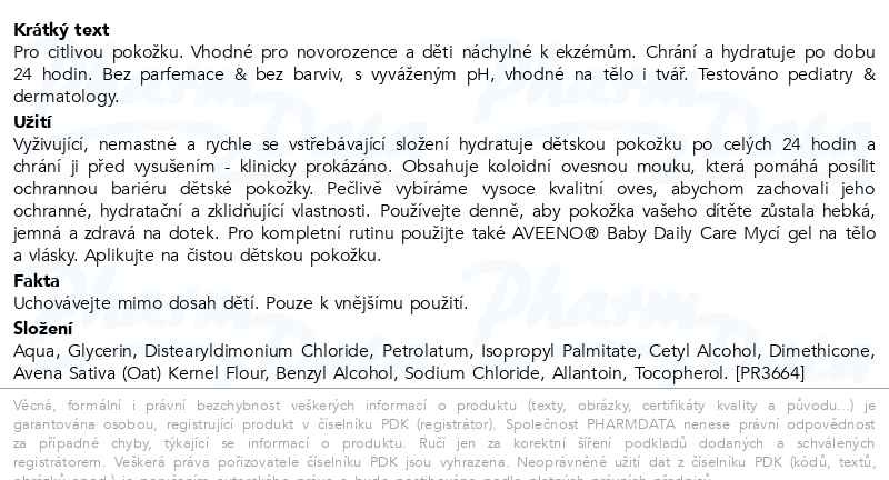 Příbalový leták - Aveeno baby Daily Care hydratační mléko 150ml