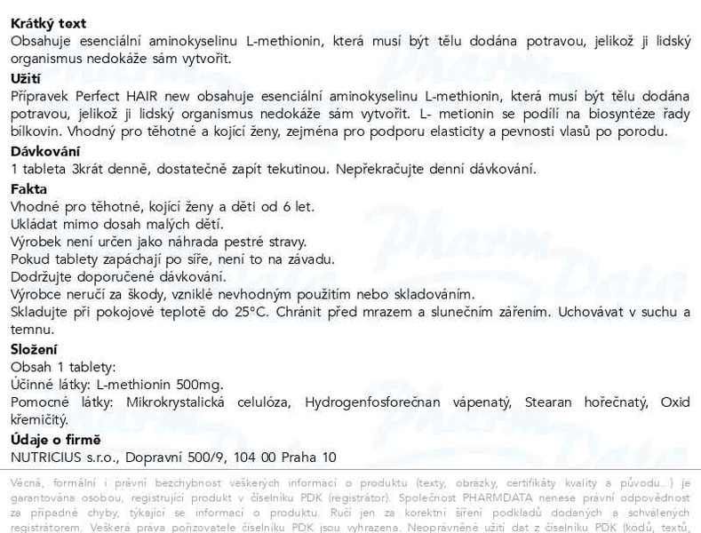 Příbalový leták - Perfect HAIR new methionin 500mg tbl.200 + dárek