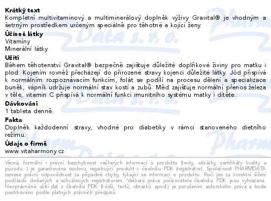 Příbalový leták - VitaHarmony Gravital  pro těhotné a kojící ženy 180 tablet