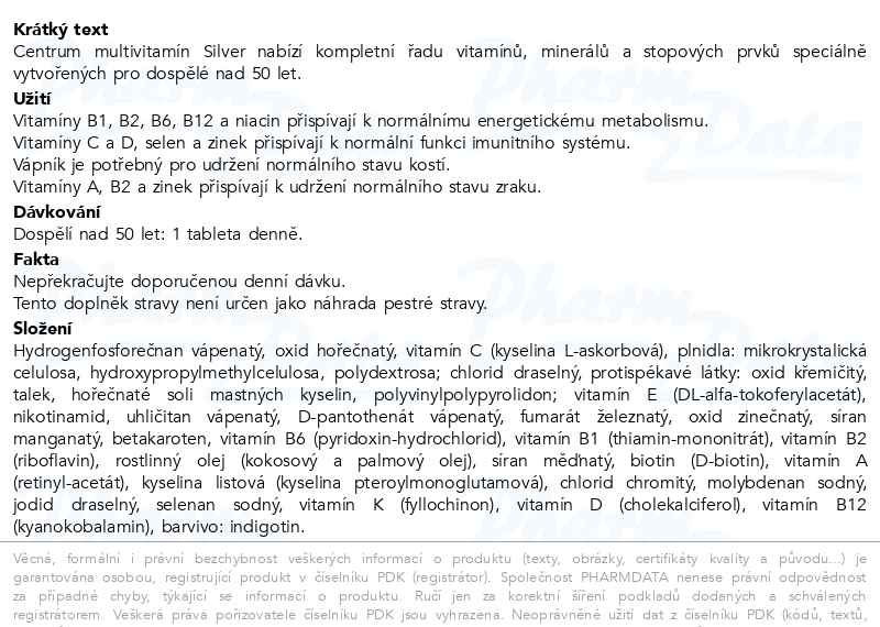 Příbalový leták - Centrum Silver 50+, 100+30 tablet dárkové balení