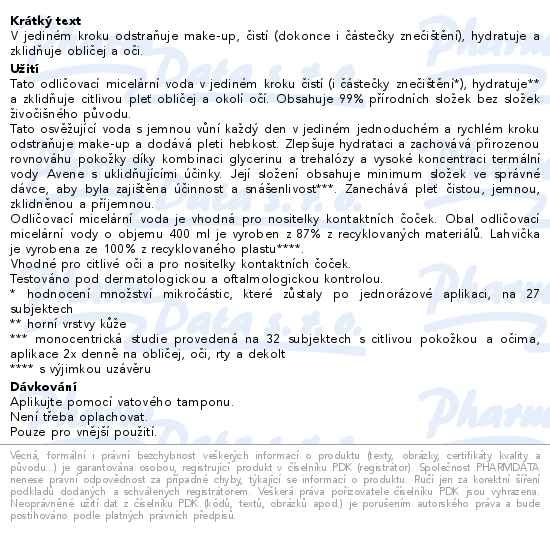Příbalový leták - AVENE Odličovací micelární voda 400ml