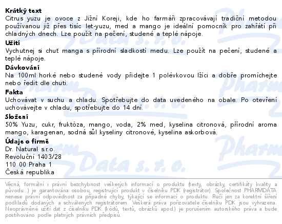 Příbalový leták - Dr.Natural YUZU + Med + Mango Tea 580g