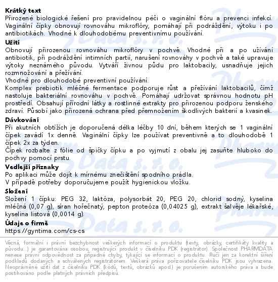 Příbalový leták - Fytofontana GYNTIMA Probiotica vag.čípky 10ks