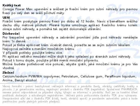 Příbalový leták - Corega Power Max Upevnění+Svěžest fixační krém 40g