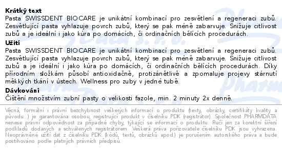 Příbalový leták - Swissdent BIOCARE zesvět.zub.pasta 100ml 19085
