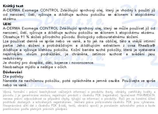 Příbalový leták - A-DERMA Exomega CONTROL Zvláč.sprchový olej 500 ml