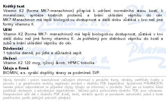 Příbalový leták - Vitamín K2 120 mcg 60 tobolek