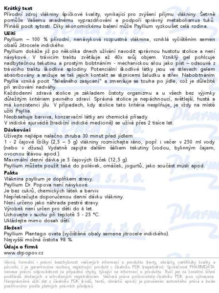 Příbalový leták - Dr.Popov Psyllium indická rozpustná vláknina 500g