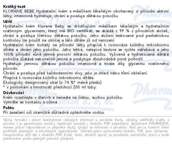 Příbalový leták - KLORANE BEBE Hydrat.krém s Bio měsíčkem 200ml