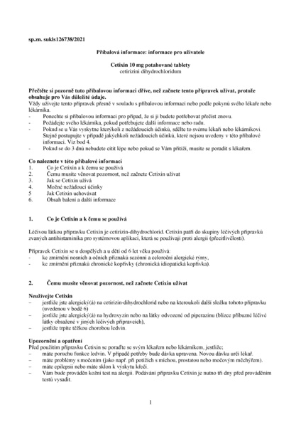Příbalový leták (SUKL) - Cetixin 10mg 30 tablet