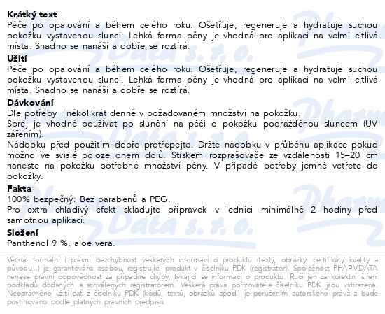 Příbalový leták - Panthenol Omega chladicí pěna po opalování s Aloe vera 9% 200ml