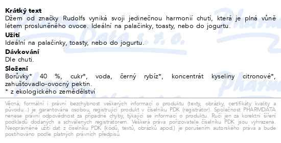Příbalový leták - Rudolfs Borůvkový džem BIO 400g