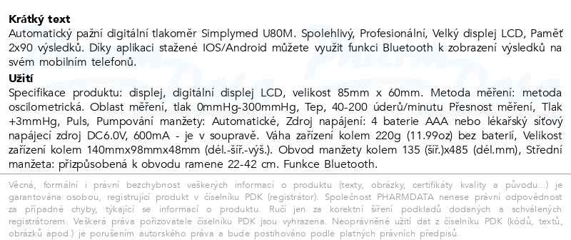 Příbalový leták - SimplyMed Automatický pažní tlakoměr U80M s Bluetooth