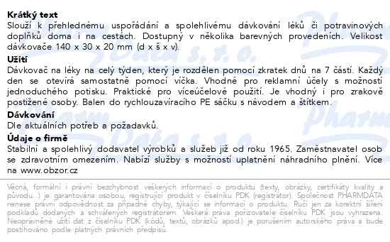 Příbalový leták - Dávkovač léků OBZOR typ 07 týdenní světle zelený