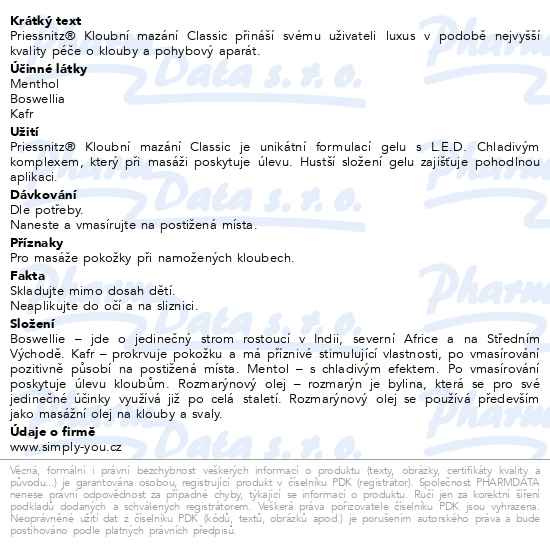 Příbalový leták - Priessnitz Kloubní mazání Classic 300ml