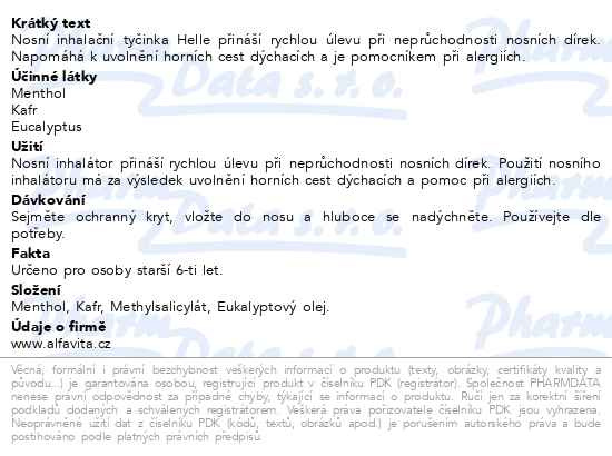 Příbalový leták - Helle nosní tyčinka s mátou