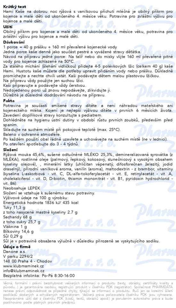 Příbalový leták - Hami Ml.kaše na dobrou noc rýžová vanilka 210g 4M
