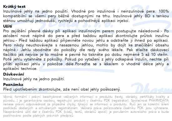 Příbalový leták - Inzulinové jehly BD 0.30x8mm (30G) 100ks