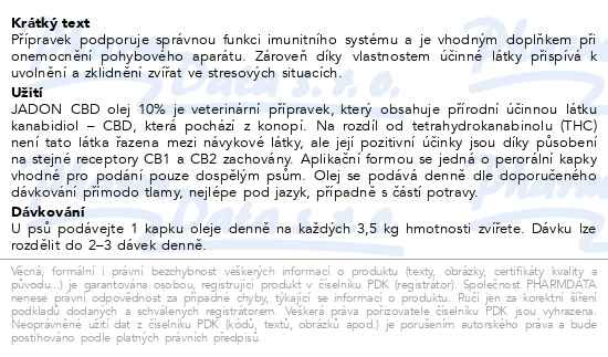 Příbalový leták - Jadon CBD olej 10% pro psy 10ml