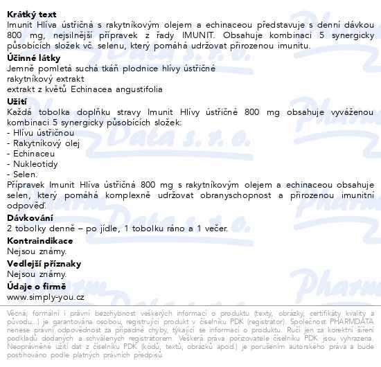 Příbalový leták - Hlíva ústř.800mg s rakyt. a echi. Imunit 40+20tob