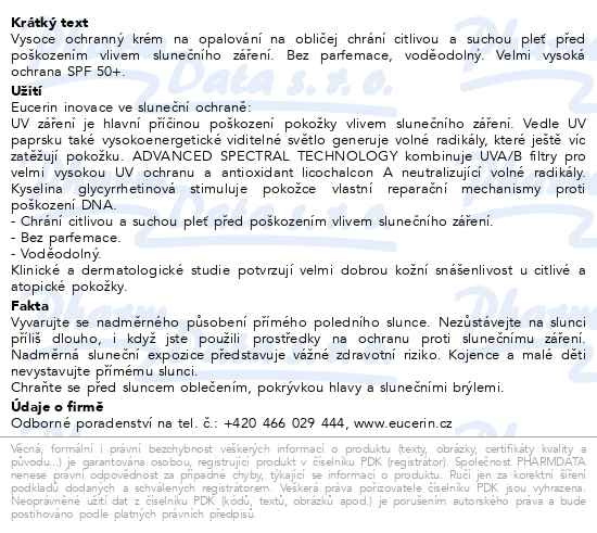 Příbalový leták - EUCERIN SUN opalovací krém na obličej SPF50+50ml