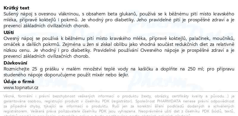 Příbalový leták - Ovesný nápoj 350g TOPNATUR
