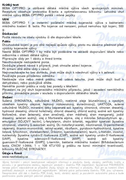Příbalový leták - BEBA OPTIPRO 1 počáteční kojenecké mléko 500g