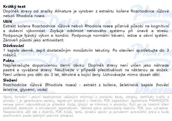 Příbalový leták - Allnature Rozchodnice Rhodiola Rosea 500mg cps.60