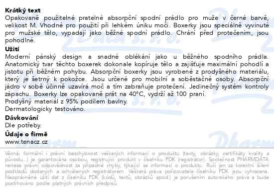 Příbalový leták - TENA Men Washable Boxers M černé inkontinenční boxerky 1ks 84944