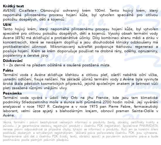 Příbalový leták - AVENE Cicalfate+ Obnovující ochranný krém 100ml
