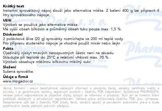 Příbalový leták - Syrovátka sušená Natural 400g DOYPACK