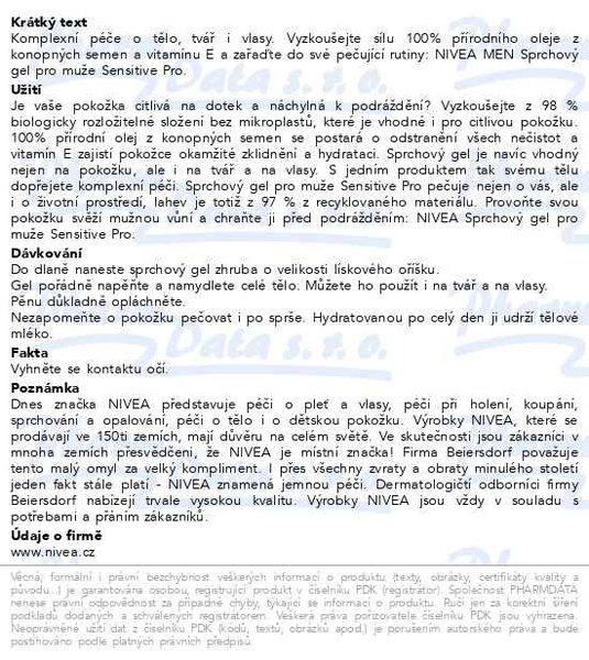 Příbalový leták - Nivea Men Sprchový gel Ultra calming 250ml