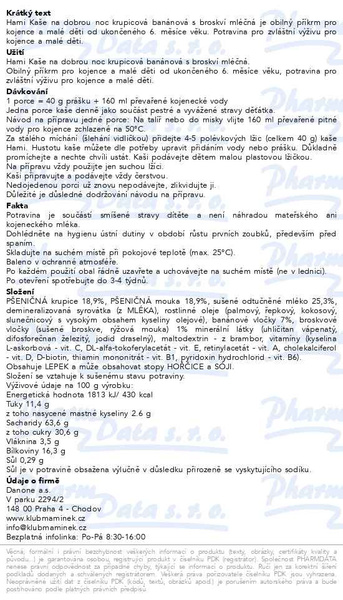 Příbalový leták - Hami Mléčná kaše na dobrou noc krupicová banánová s broskví 210 g