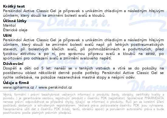 Příbalový leták - Perskindol Active Classic gel 100ml