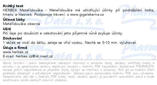 Příbalový leták - HERBEX Mateřídouška n.s.20x3g