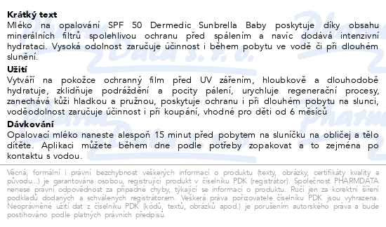 Příbalový leták - Dermedic Sunbrella Baby Ochranné opalovací mléko SPF50 100g