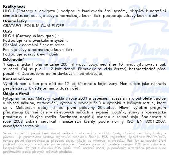 Příbalový leták - Hloh sypaný 40g Fytopharma
