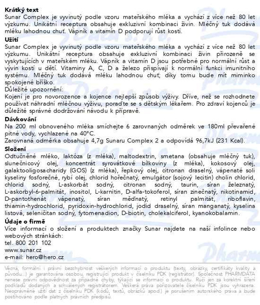 Příbalový leták - Sunar Complex 2 pokračovací kojenecké mléko 600 g