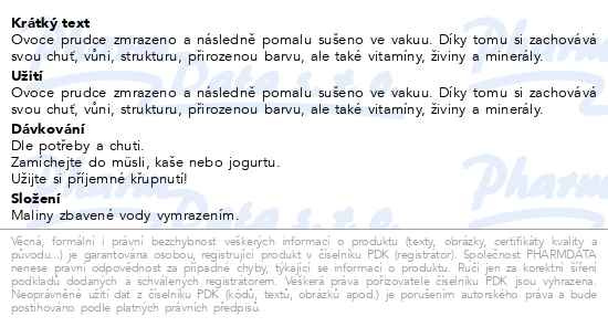 Příbalový leták - Allnature Maliny sušené mrazem 30g