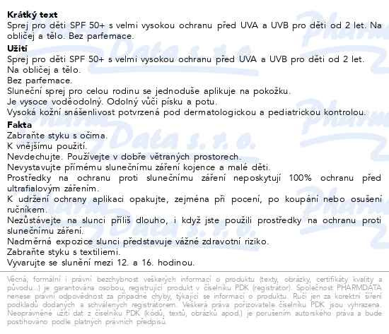 Příbalový leták - AVENE Sun Sprej pro děti SPF50 + 200ml