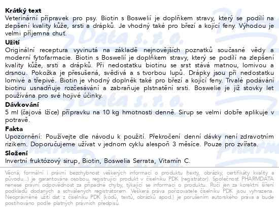 Příbalový leták - Green Idea Biotin SIRUP s boswelií pro kvalitní kůži a srst pro psy 200ml
