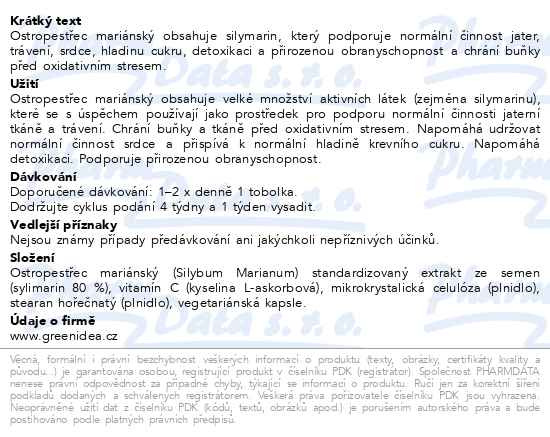 Příbalový leták - Green Idea Ostropestřec mariánský bylinné tobolky 60ks