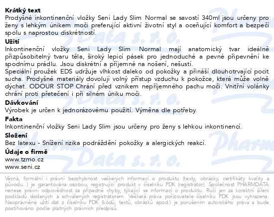 Příbalový leták - Seni Lady Slim Normal inkont.vložky 1+1 2x20ks