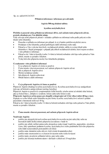 Příbalový leták (SUKL) - Aspirin 500mg 8 obalených tablet