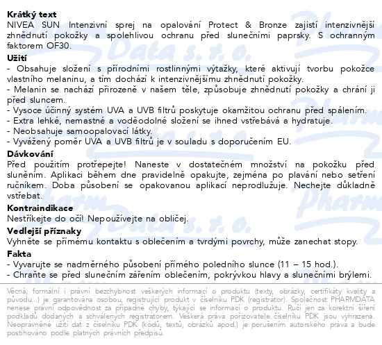 Příbalový leták - NIVEA SUN Sprej na opalování Protect & Bronze SPF 30 200ml