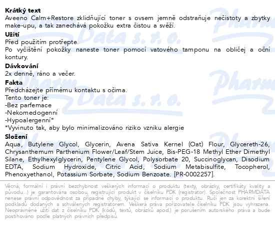 Příbalový leták - Aveeno Calm+Restore zklidňující toner 200ml