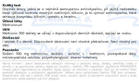 Příbalový leták - Methionin 500, 100 tablet Fagron
