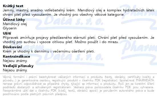 Příbalový leták - RYOR Výživný krém s mandlovým olejem pro suchou a citlivou pleť 50ml